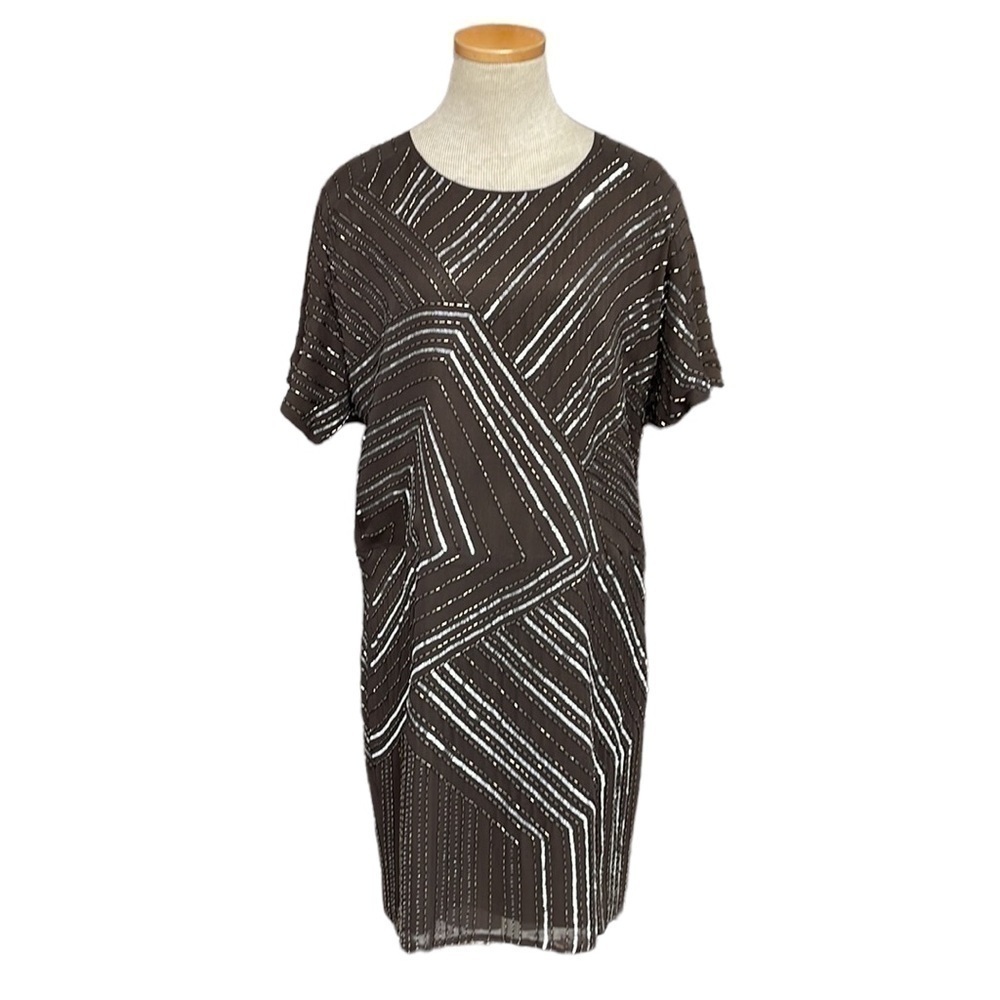 GREYLIN Dress Brown Beaded Short Sleeves Size Large